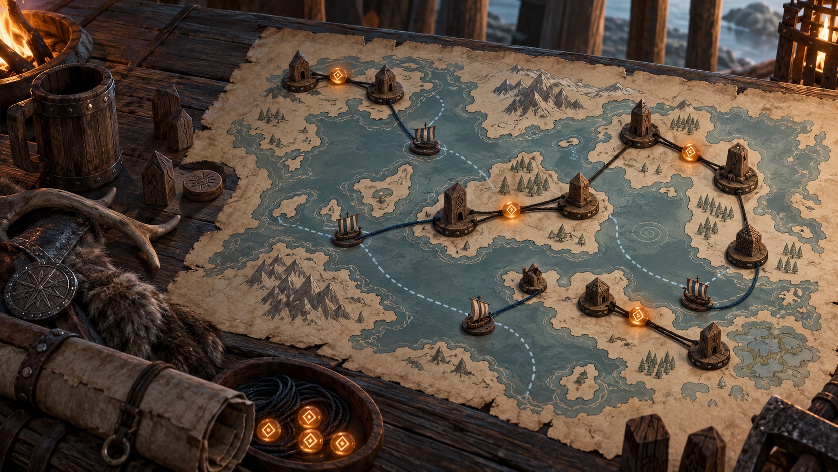 Nordic planning table with carved base markers, paired amber portal tokens, and blue sea-route cords over an original fictional chart.
