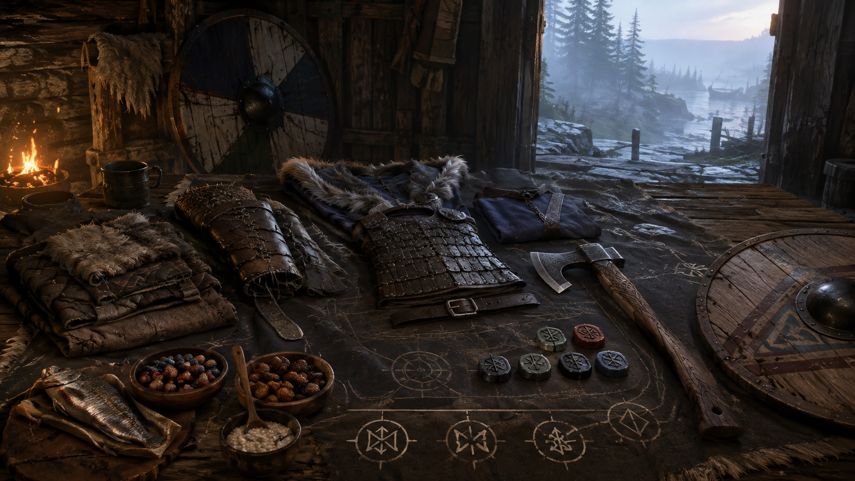 Nordic survival loadout of foods, armour, shield, weapon, and resistance markers on a longhouse table.
